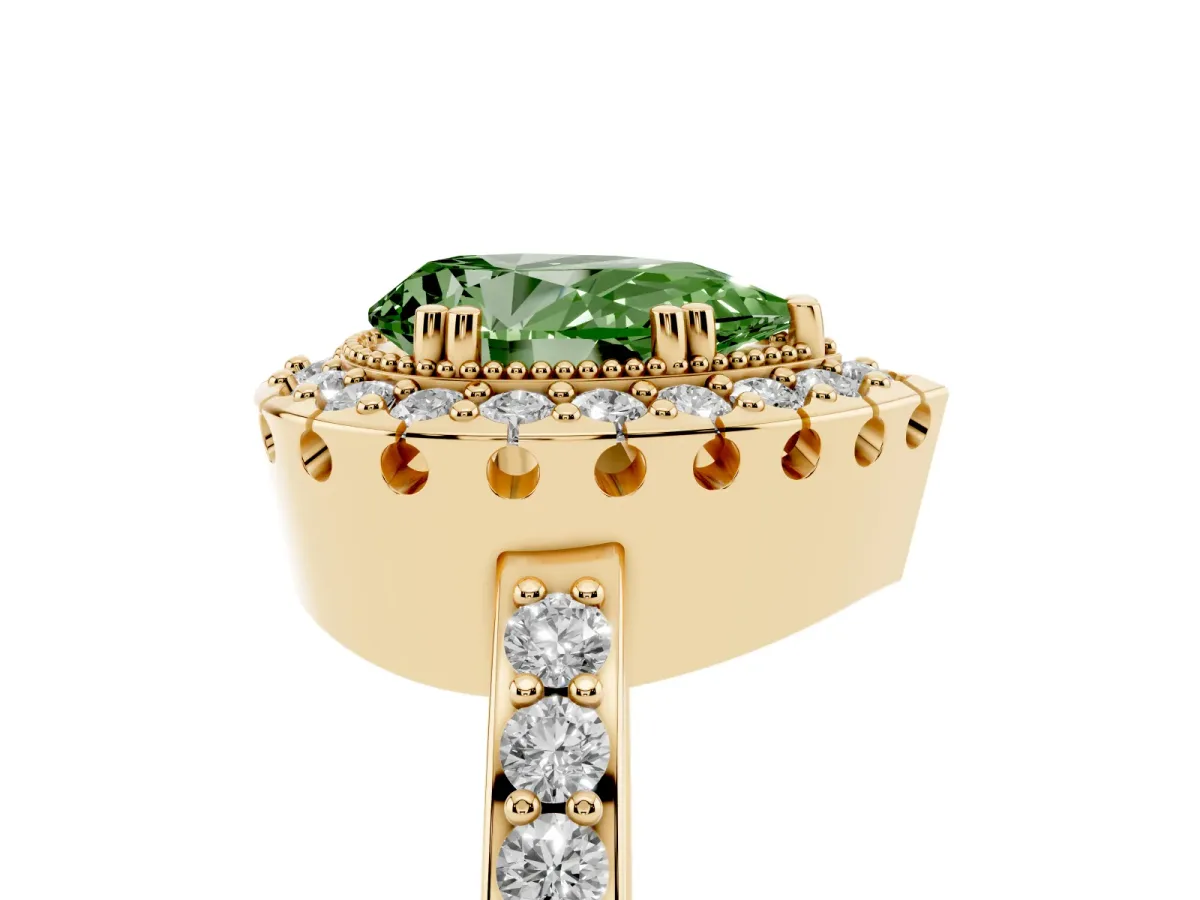 Fancy Green Pear Cut Diamond Halo Ring with Pavé Band and Prong Setting Yellow gold