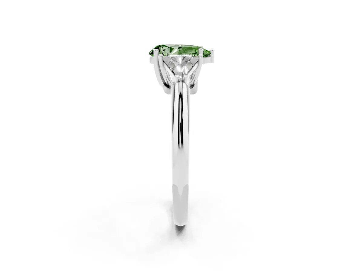 Fancy Green Three-Stone Pear Cut Diamond Engagement Ring with Trillion Side Stones and Prong Setting Silver