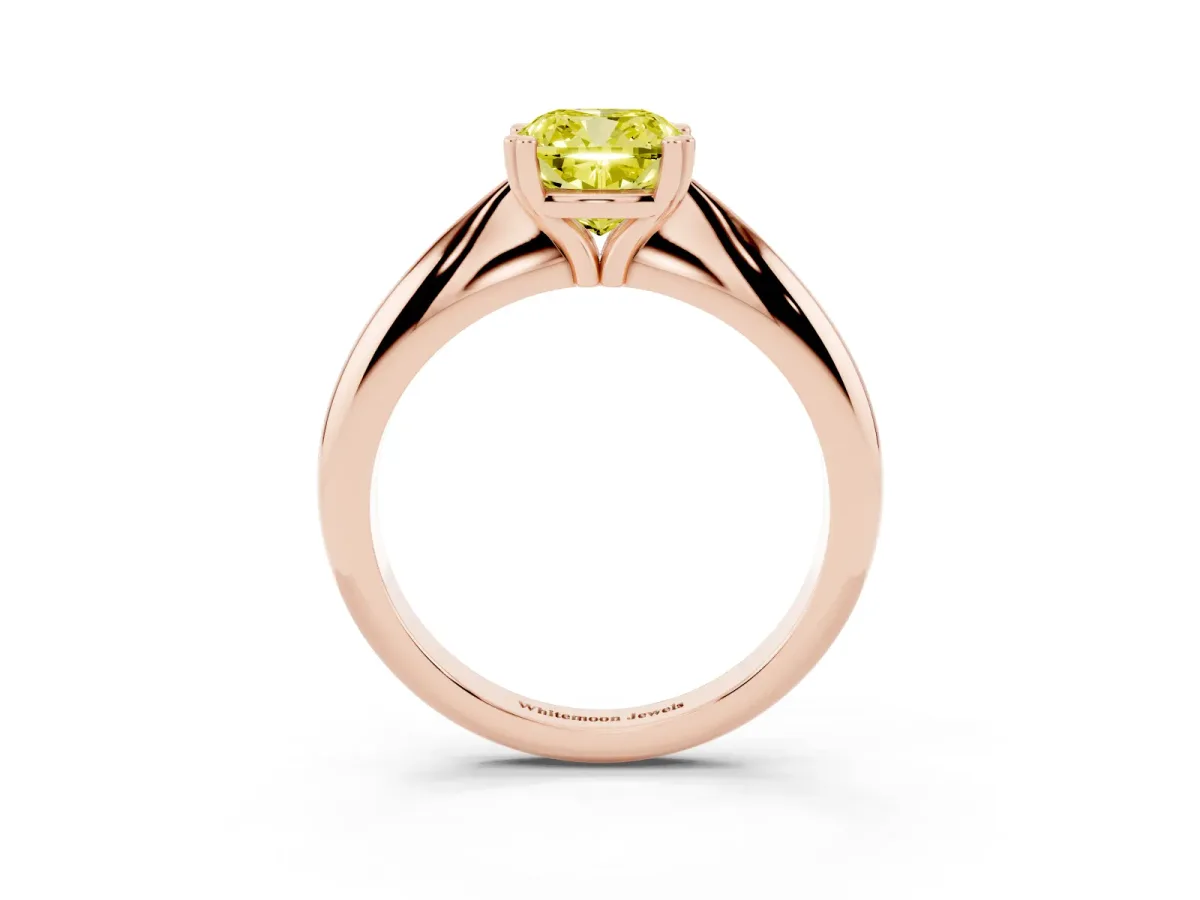 Fancy Yellow Cushion Cut Cut Solitaire Engagement Ring with Tapered Band and Four-Prong Setting Rose gold