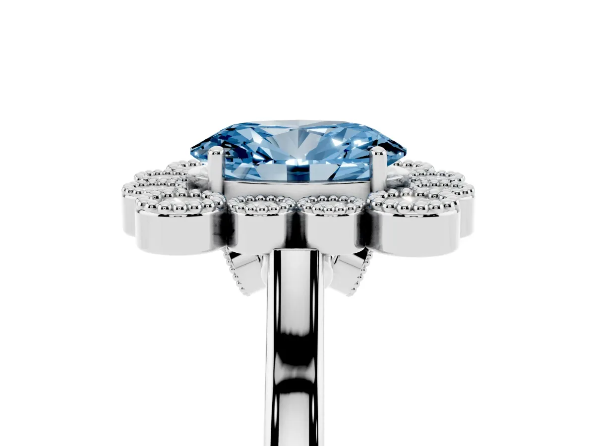 Fancy Blue Oval Cut Halo Diamond Cluster Engagement Ring with Milgrain Bezel Setting and Solitaire Band White gold