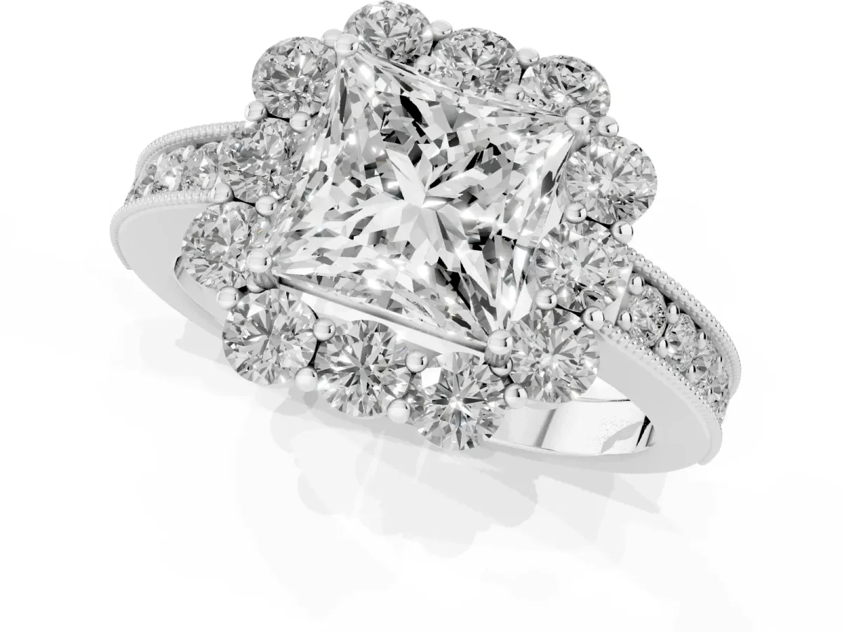 Princess Cut Cut Halo Diamond Pavé Engagement Ring with Milgrain Detailing Platinum
