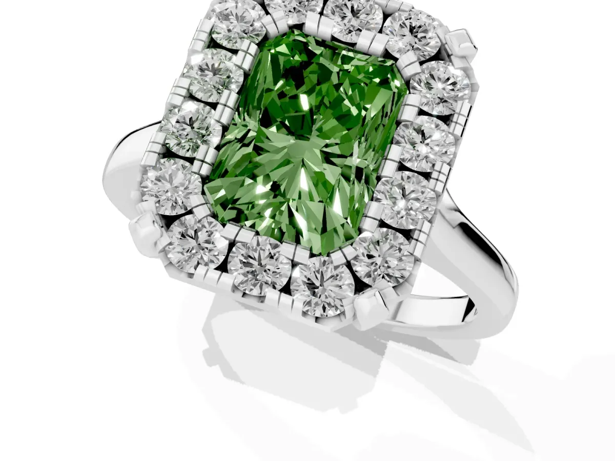 Fancy Green Radiant Cut Diamond Cluster Halo Solitaire with Four-Prong Setting Silver