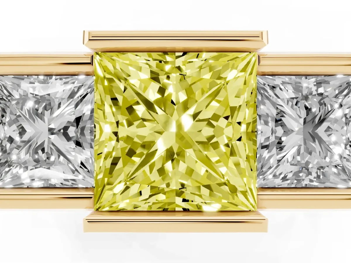 Fancy Yellow Three Stone Princess Cut Cut Channel Set Diamond Ring Yellow gold