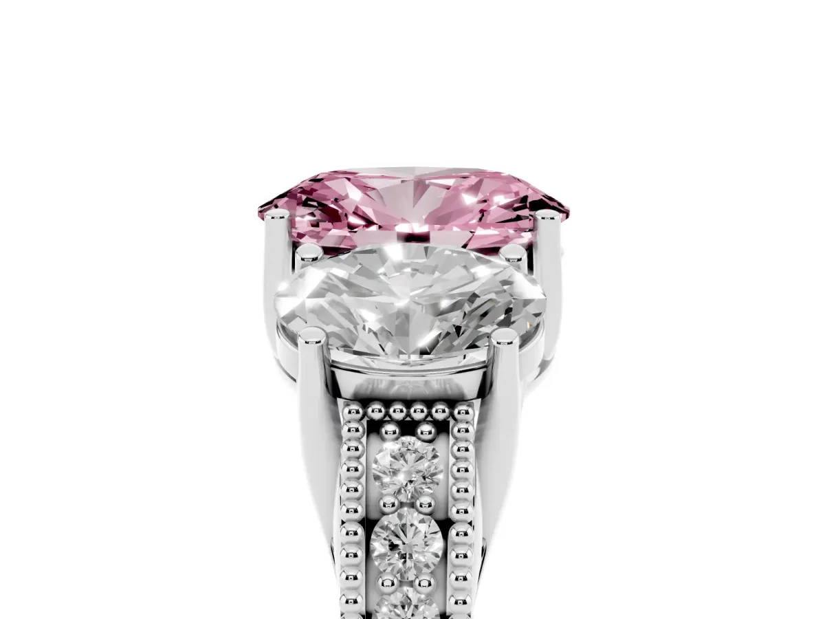 Fancy Pink Three-Stone Oval Cut Cut Milgrain Pavé Engagement Ring Silver