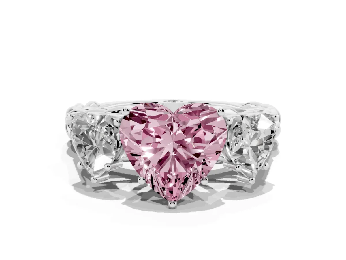 Fancy Pink Three-Stone Heart Cut Diamond Braided Band Ring with Four-Prong Setting Platinum