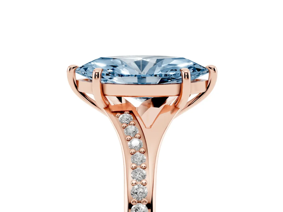 Fancy Blue Marquise Cut Diamond Solitaire Ring with Pavé Band and Prong Setting Rose gold