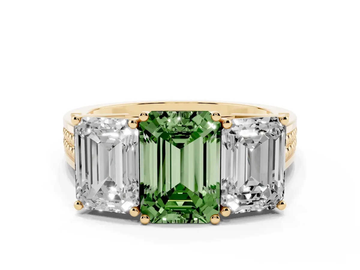 Fancy Green Emerald Cut Diamond Three-Stone Ring with Prong Setting and Textured Band Yellow gold