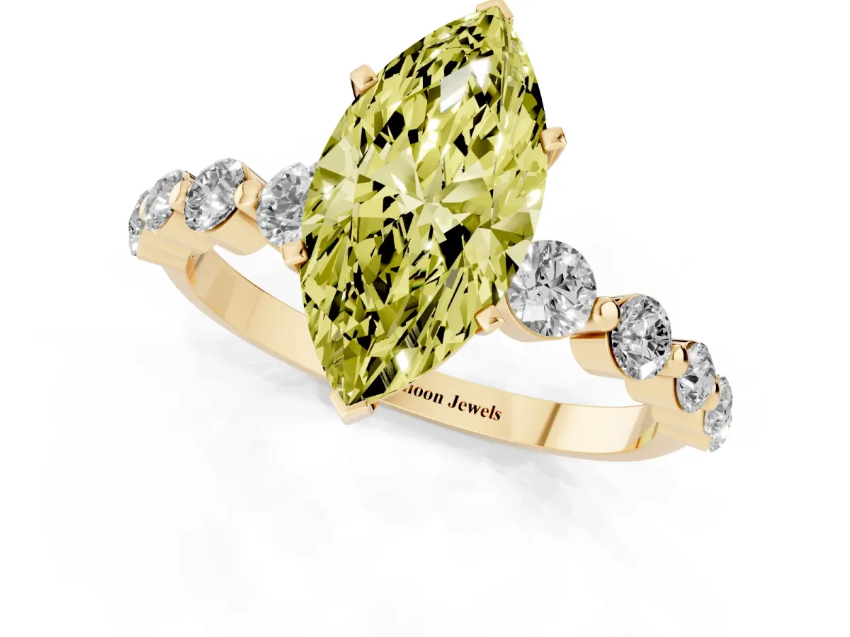 Fancy Yellow Marquise Cut Solitaire Diamond Ring with Pave Band and Four-Prong Setting Yellow gold
