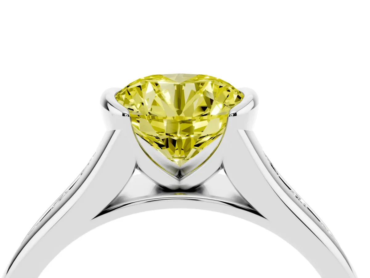 Fancy Yellow Round Cut Solitaire Bezel-Set Diamond Ring with Channel-Set Band Silver