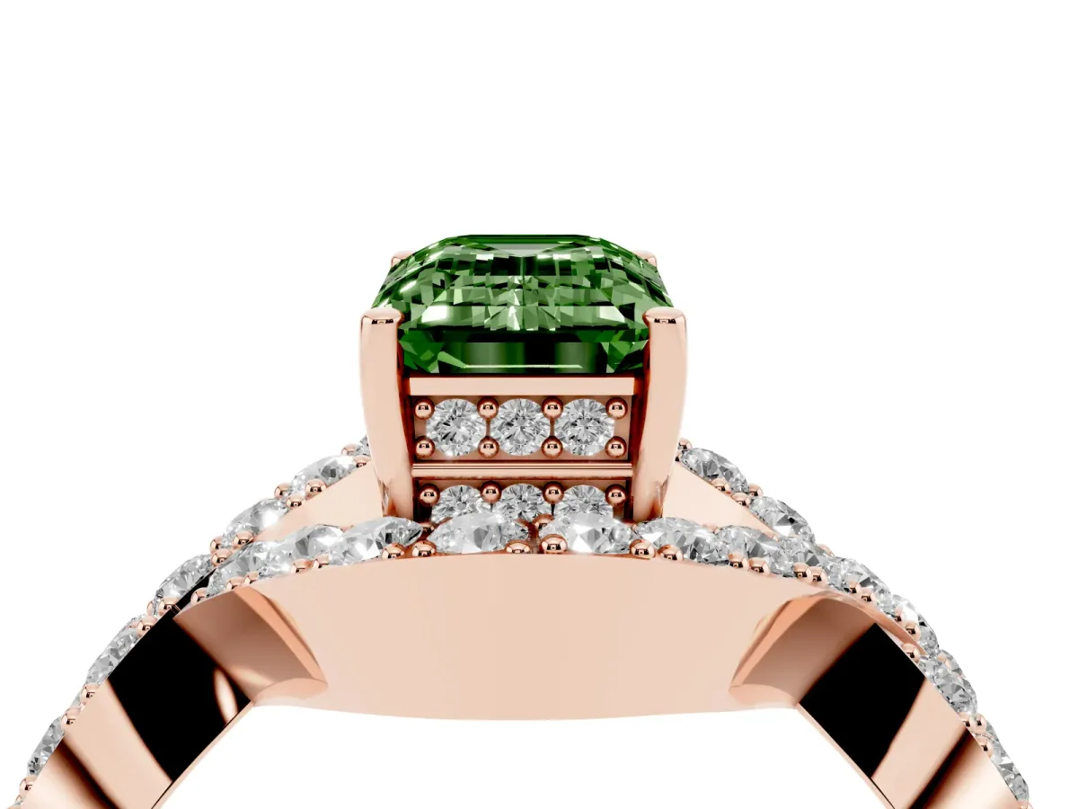 Fancy Green Emerald Cut Solitaire Twist Band Pavé Diamond Engagement Ring Rose gold