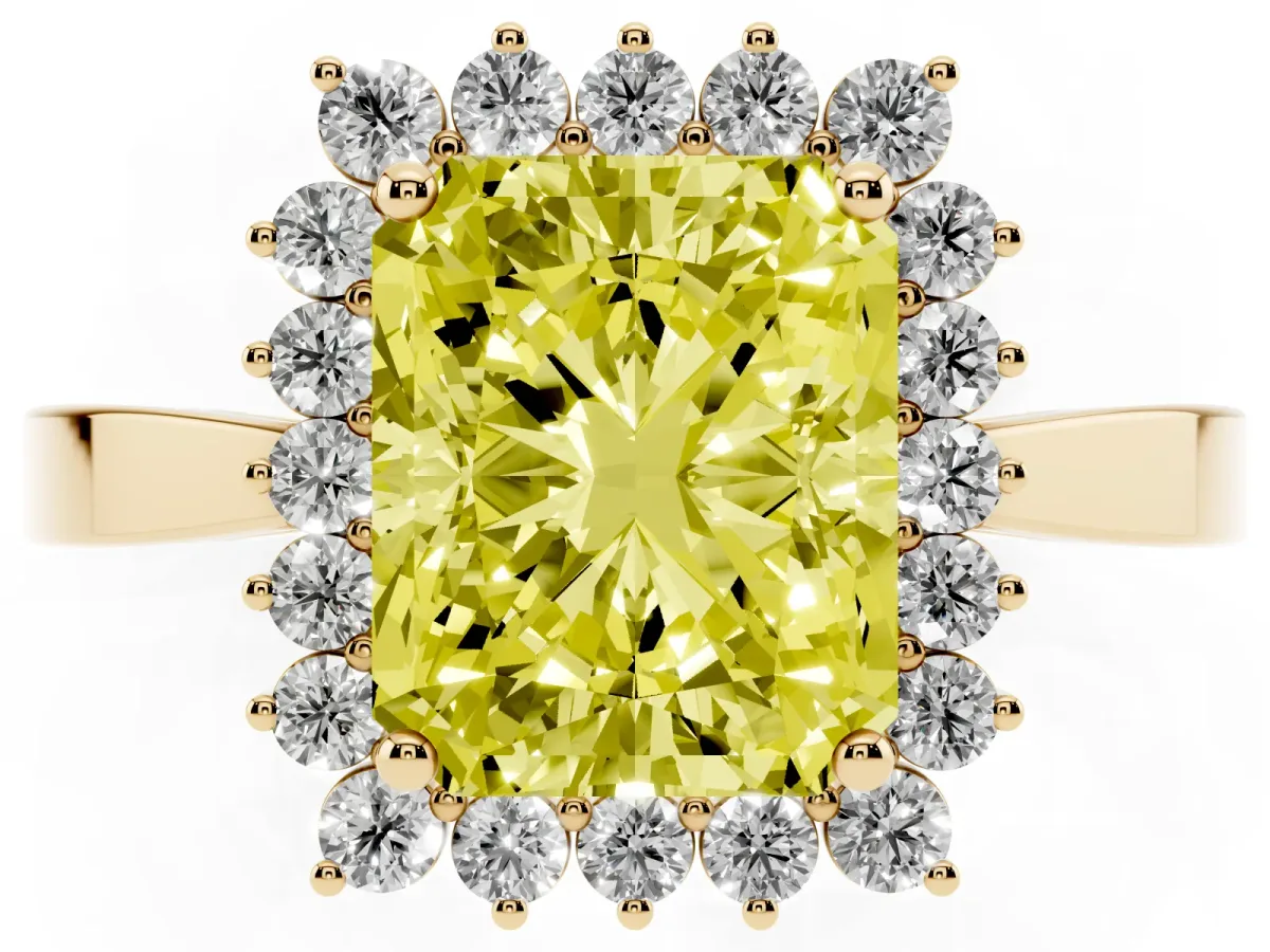 Fancy Yellow Radiant Cut Cut Diamond Halo Ring with Round Brilliant Halo and Solitaire Band Yellow gold