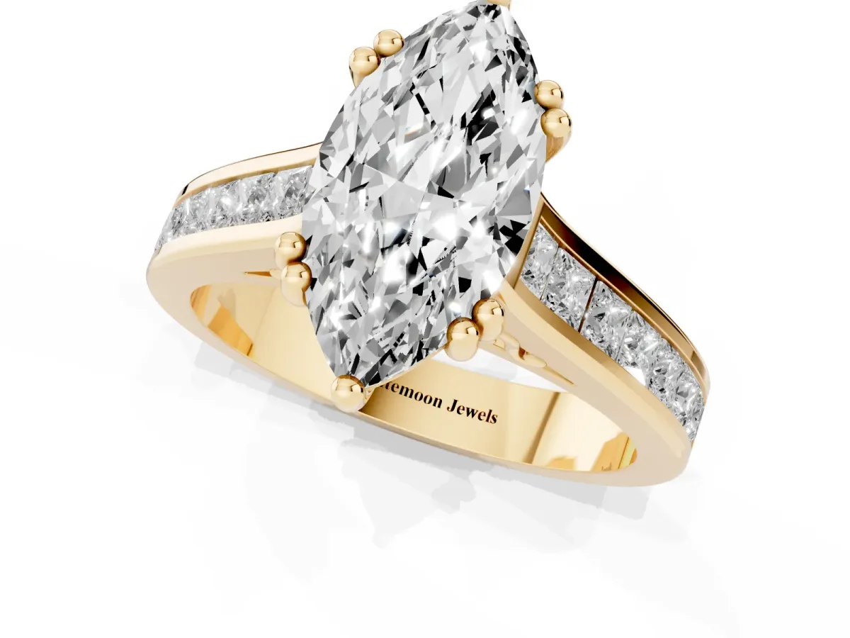 Marquise Cut Cut Channel Set Solitaire Engagement Ring with Prong Setting Yellow gold