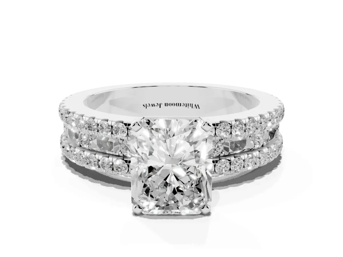 Radiant Cut Diamond Solitaire Ring with Pavé and Channel Set Band Silver