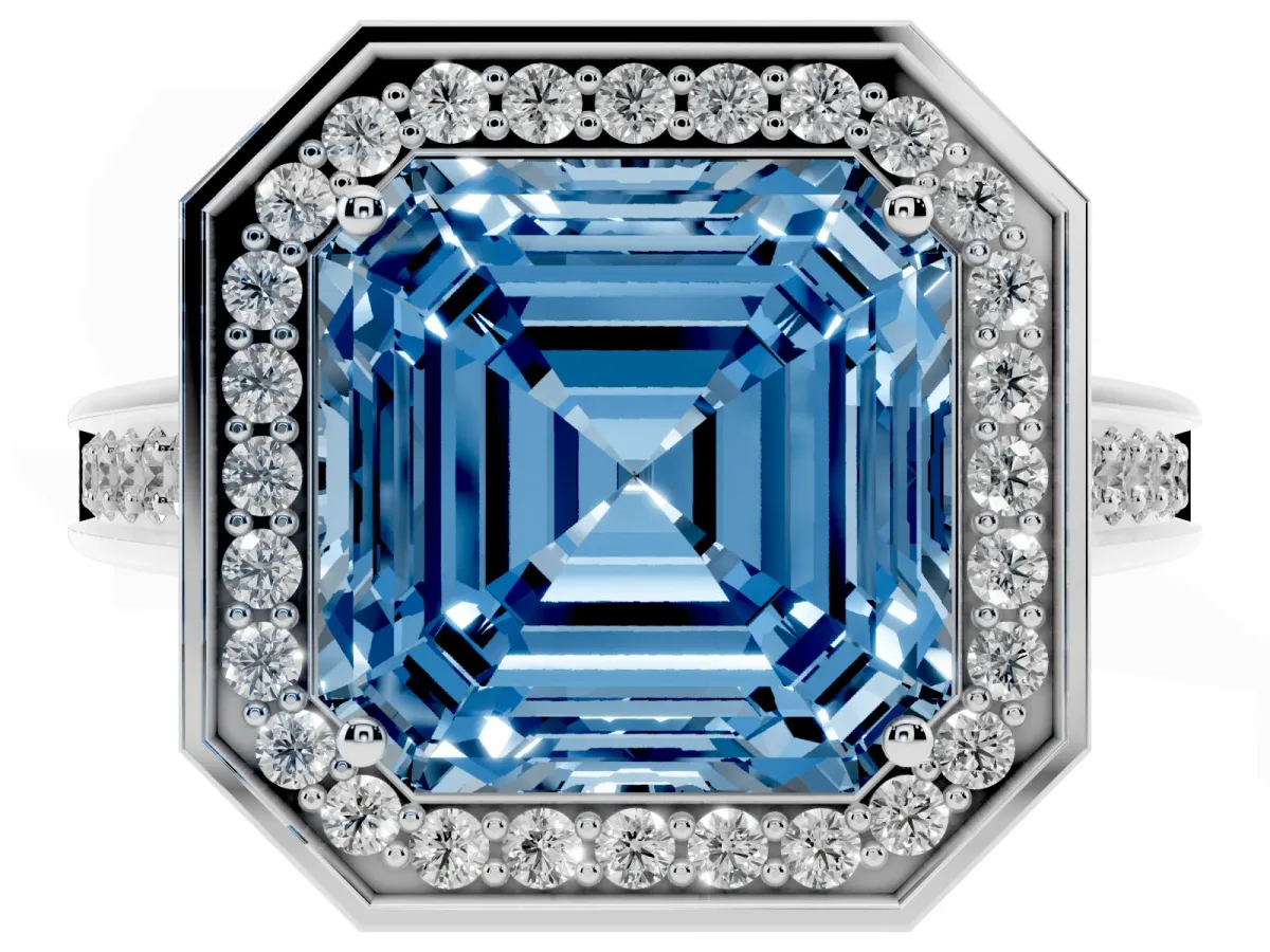 Fancy Blue Asscher Cut Halo Solitaire Diamond Ring with Pave Band and Bezel Setting Silver