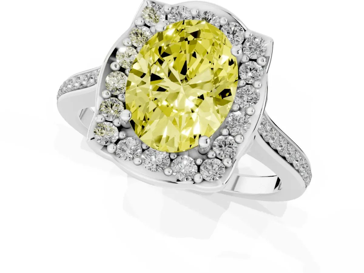 Fancy Yellow Oval Cut Halo Round Diamond Pave Band with Four-Prong Setting Silver