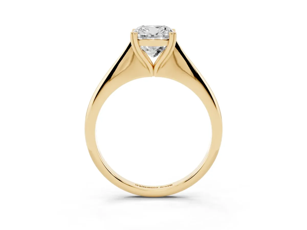 Cushion Cut Solitaire Diamond Ring with Six-Prong Setting and Classic Band Yellow gold