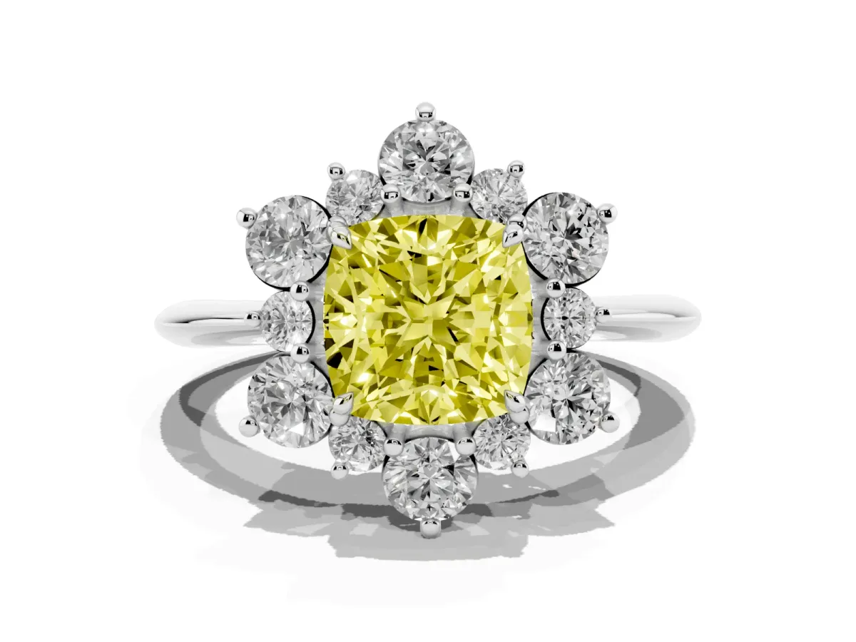 Fancy Yellow Cushion Cut Diamond Cluster Halo Ring with Solitaire Band and Four-Prong Setting Platinum