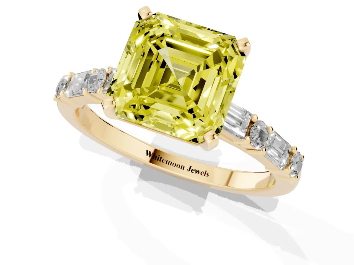 Fancy Yellow Asscher Cut Diamond Solitaire with Side Baguettes and Channel Set Band Yellow gold