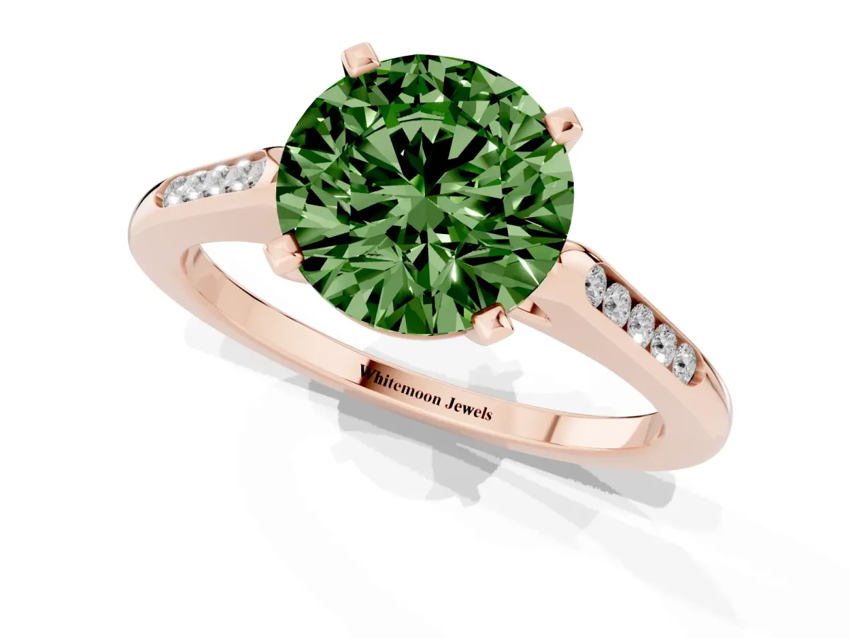 Fancy Green Round Cut Diamond Solitaire Ring with Channel Set Round Band and Prong Setting Rose gold