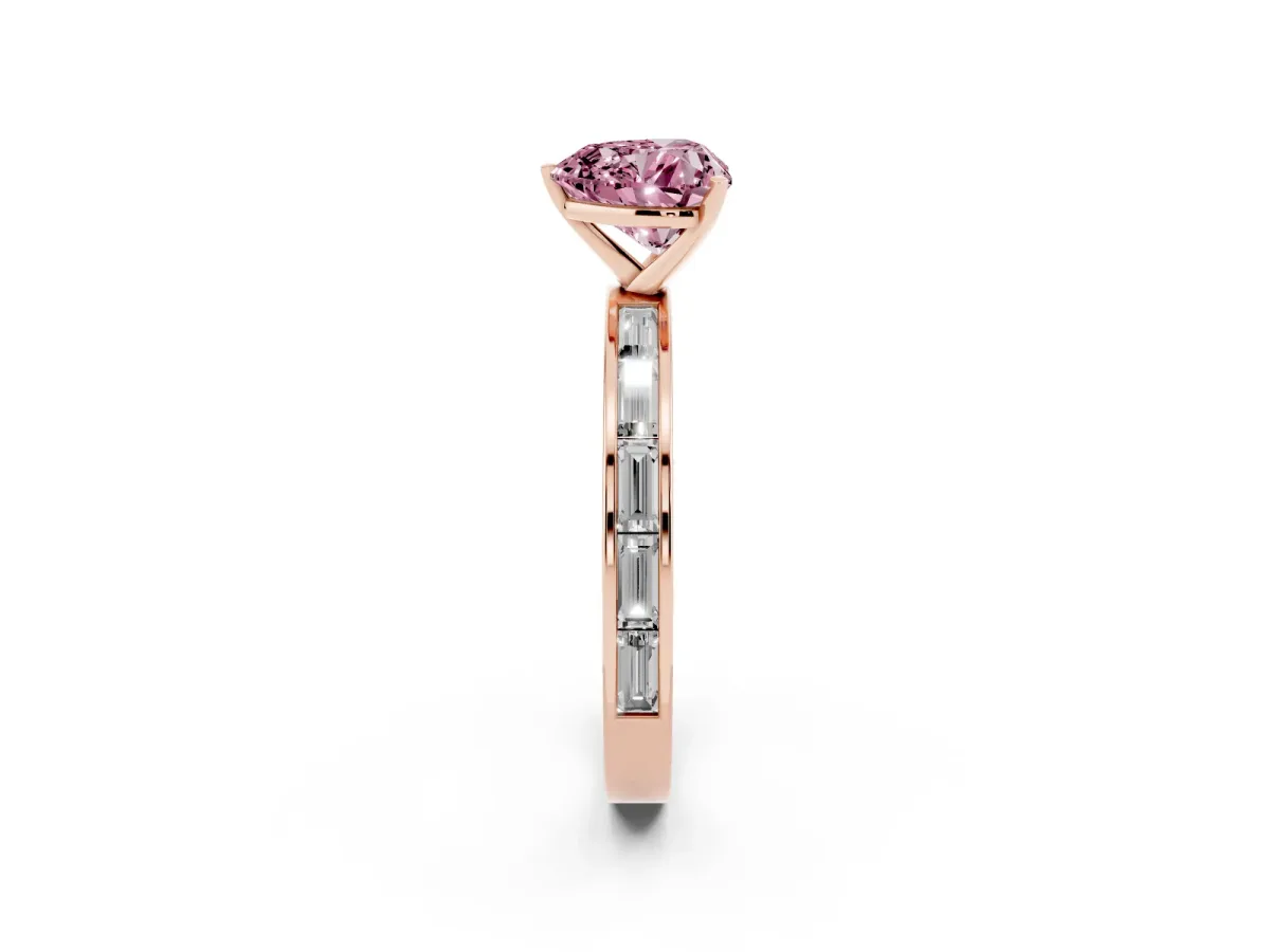 Fancy Pink Heart Cut Solitaire Diamond Ring with Channel-Set Baguette Band and Four-Prong Setting Rose gold