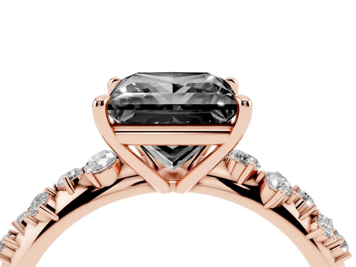 Fancy Black Princess Cut Diamond Cluster Side Stone Solitaire Ring with Prong Setting Rose gold