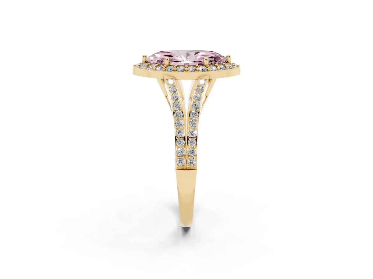 Fancy Pink Marquise Cut Halo Split Shank Pave Diamond Ring with Four-Prong Setting Yellow gold