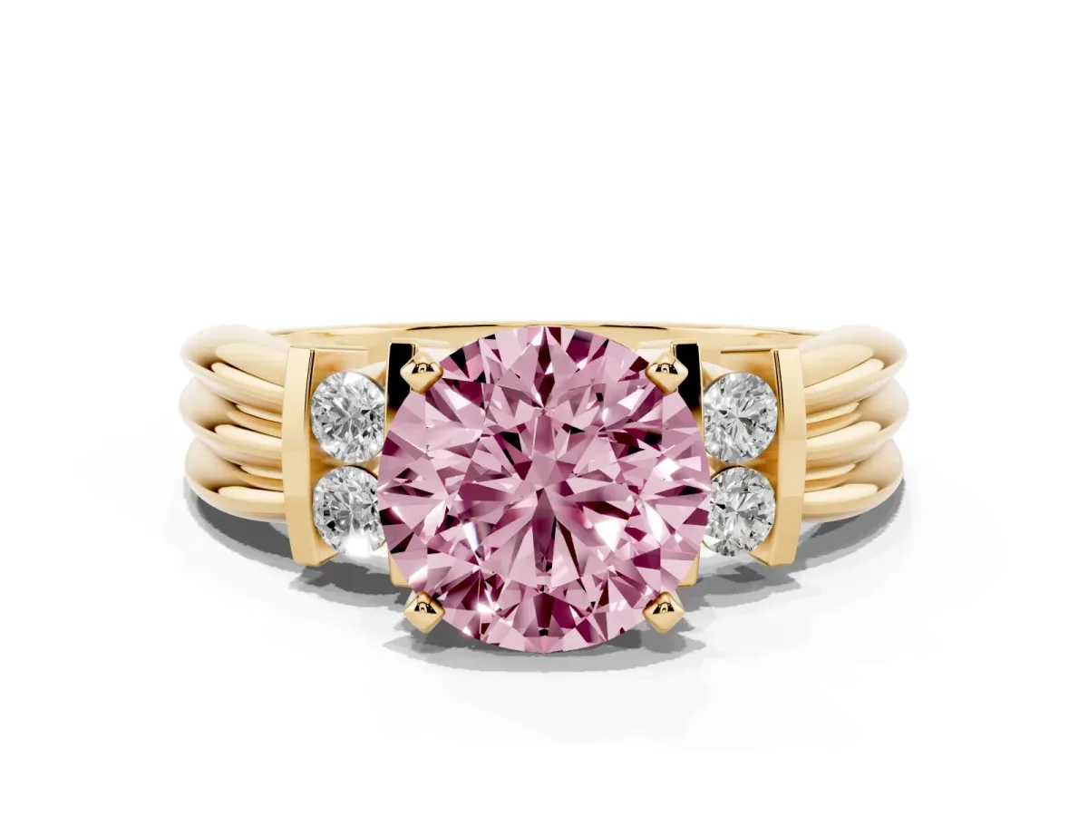 Fancy Pink Round Cut Cut Three-Stone Channel Set Ring with Bar Prongs Yellow gold