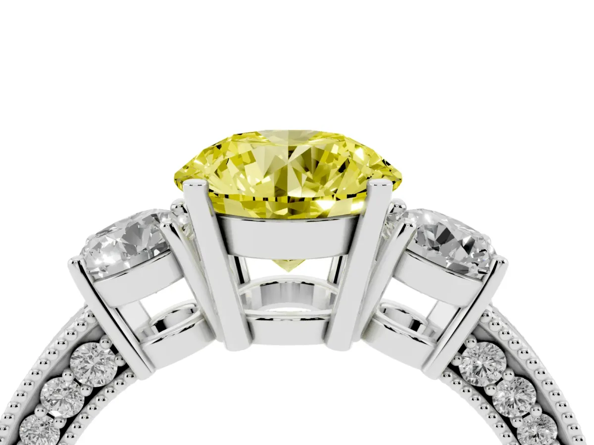 Fancy Yellow Round Cut Three-Stone Diamond Ring with Pavé Band and Four-Prong Setting Silver