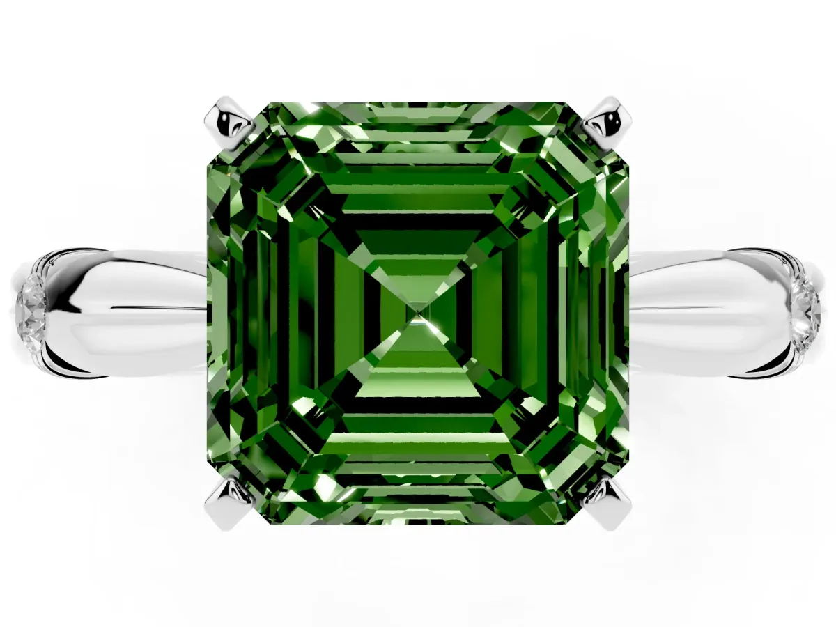 Fancy Green Asscher Cut Solitaire Diamond Twisted Band with Four-Prong Setting Silver