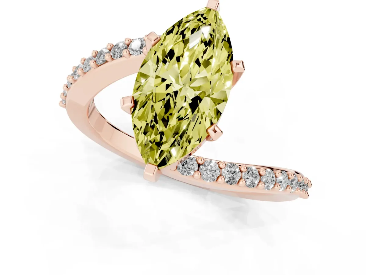 Fancy Yellow Marquise Cut Solitaire Twist Band with Pave Set Diamonds and Four-Prong Setting Rose gold