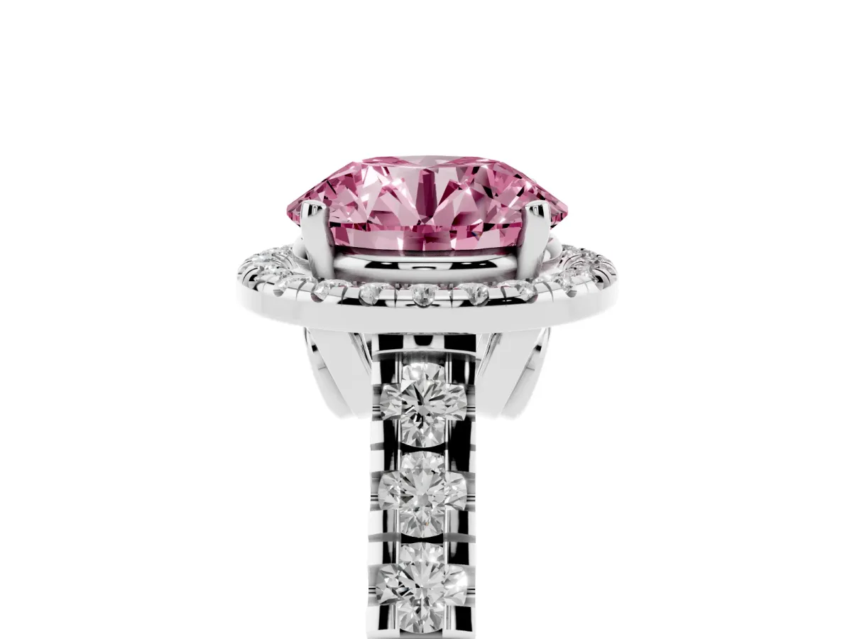 Fancy Pink Round Cut Halo Pavé Diamond Engagement Ring with Four-Prong Setting Platinum