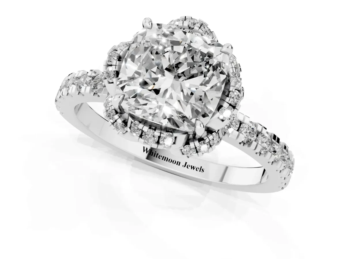 Cushion Cut Diamond Halo Pave Band with Four-Prong Setting Silver