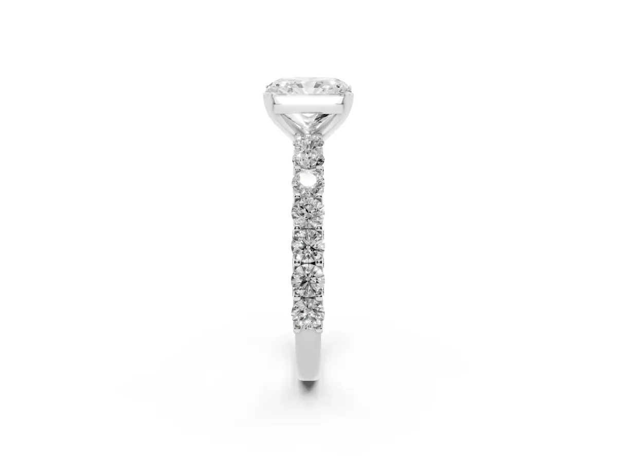 Radiant Cut Diamond Solitaire Ring with Shared Prong Pavé Band and Four-Prong Setting Platinum