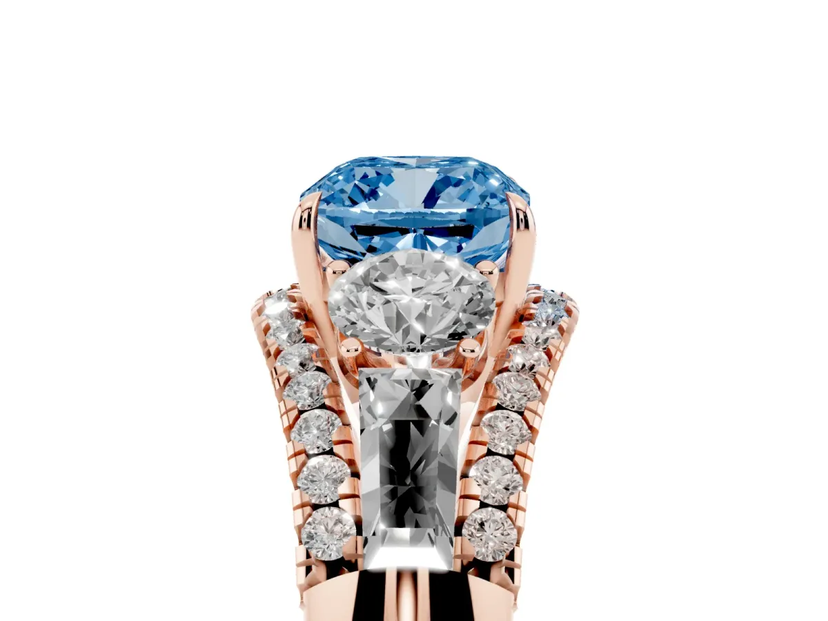 Fancy Blue Three-Stone Cushion Cut Diamond Engagement Ring with Pave Band and Prong Setting Rose gold