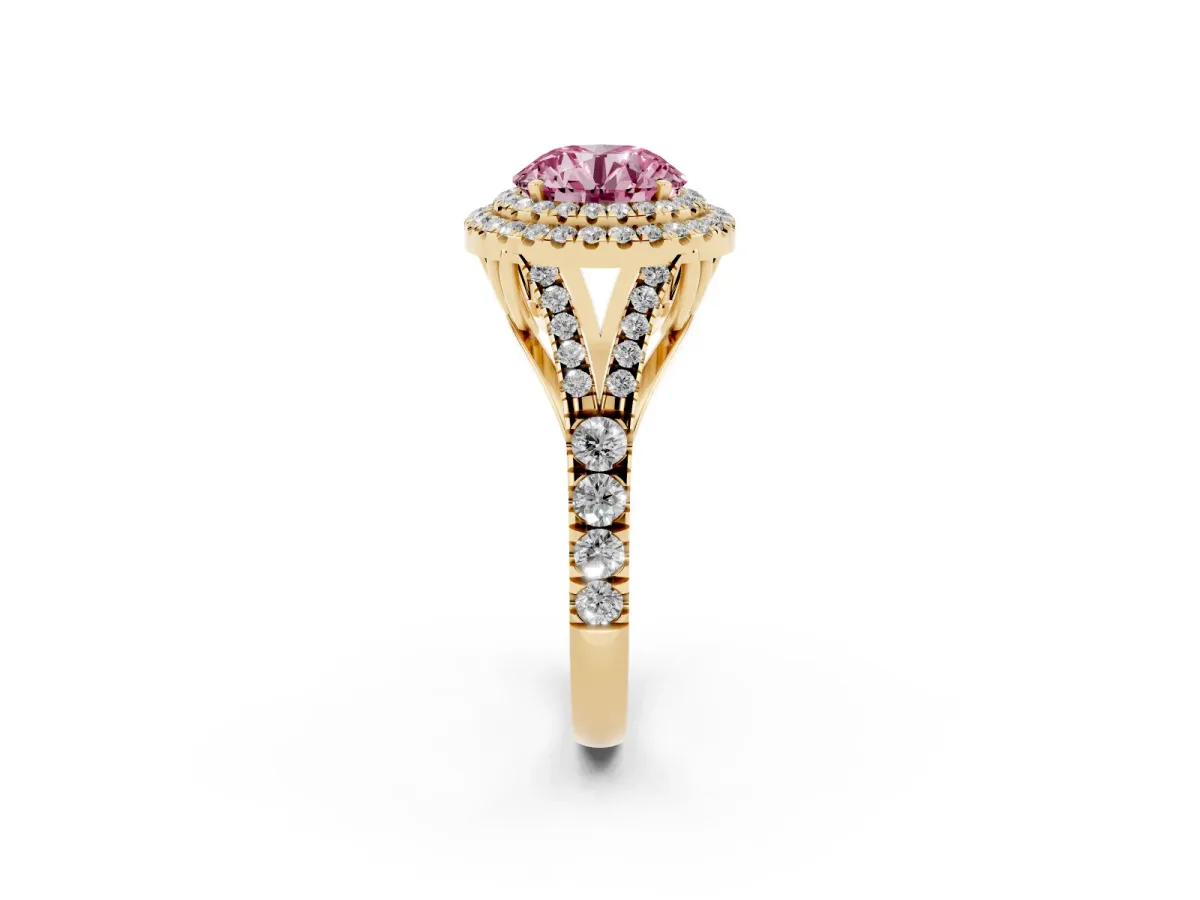 Fancy Pink Round Cut Diamond Double Halo Ring with Split Shank and Prong Setting Yellow gold