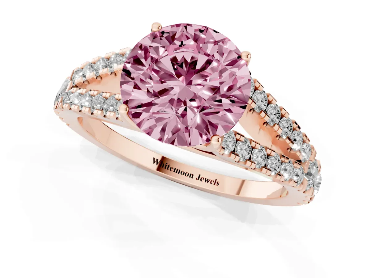 Fancy Pink Round Cut Diamond Split Shank Engagement Ring with Round Pavé and Prong Setting Rose gold