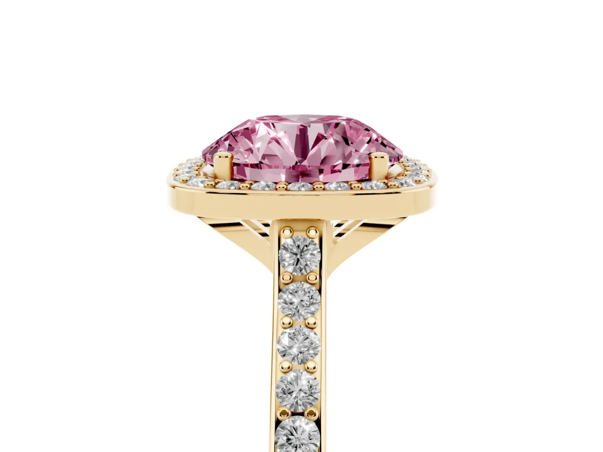 Fancy Pink Round Cut Diamond Halo Engagement Ring with Round Pavé Shoulders and Prong Setting Yellow gold
