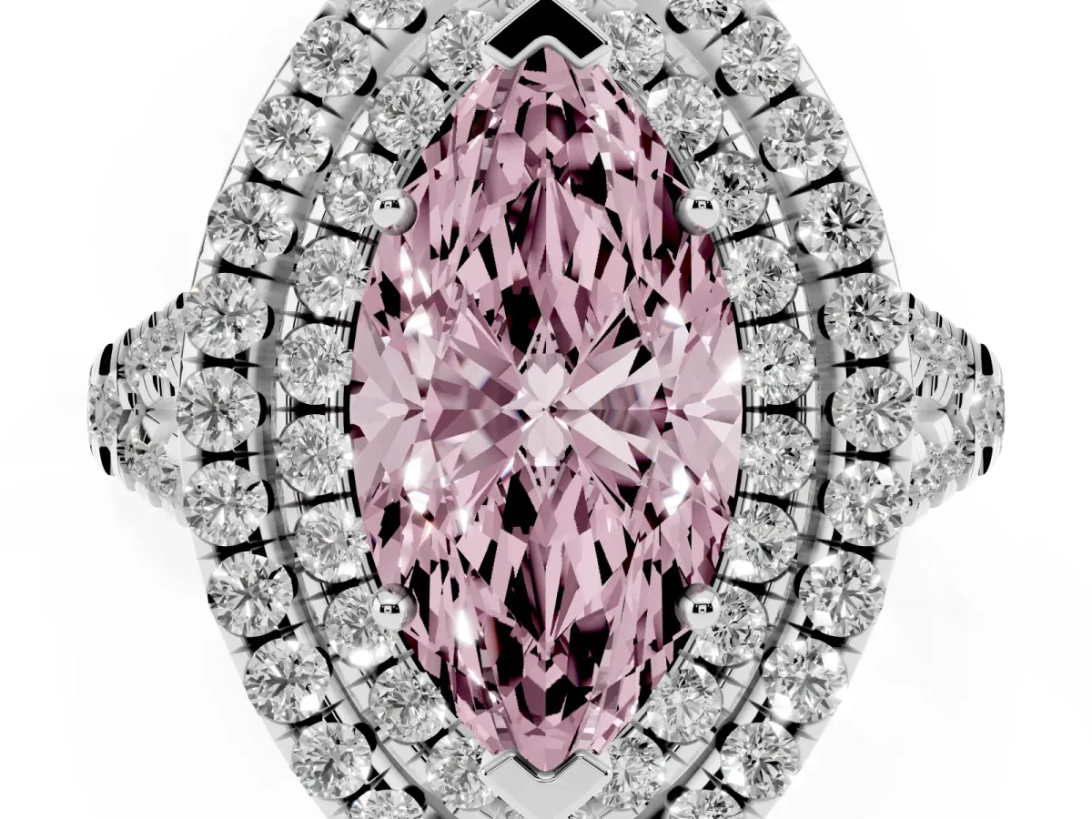 Fancy Pink Double Halo Marquise Cut Diamond Pavé Split Shank Ring with Prong Setting Platinum