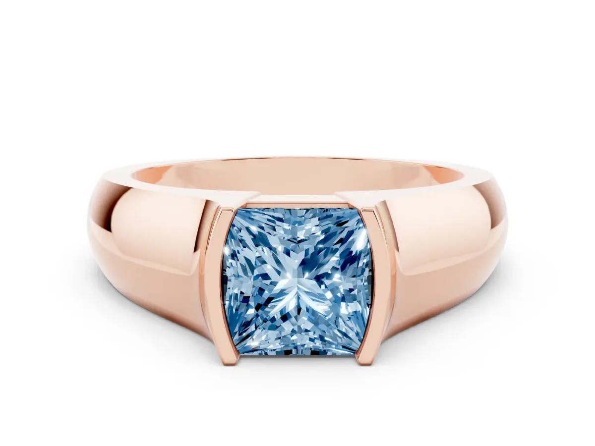 Fancy Blue Princess Cut Solitaire Bezel Set Diamond Ring with Wide Band Rose gold