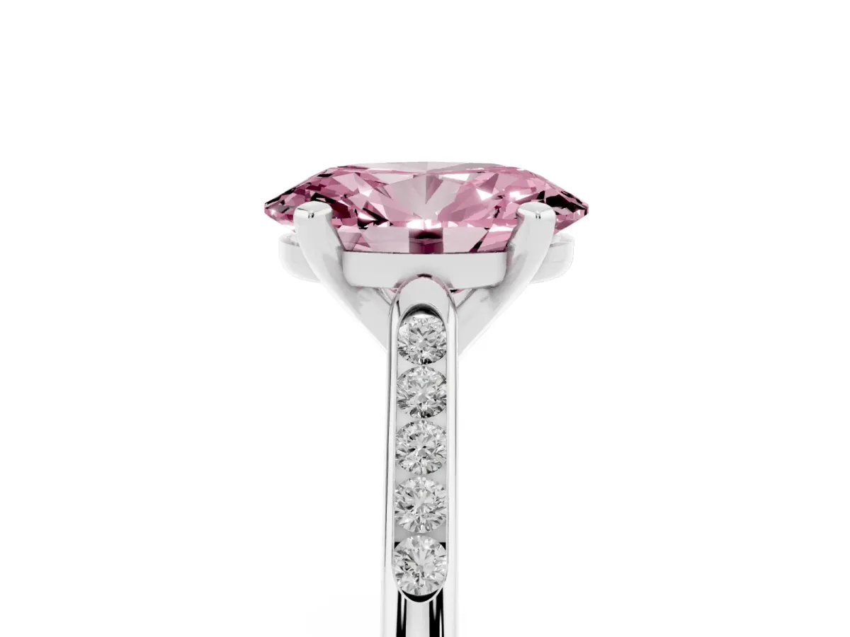 Fancy Pink Oval Cut Diamond Solitaire Ring with Channel Set Round Band and Prong Setting Silver
