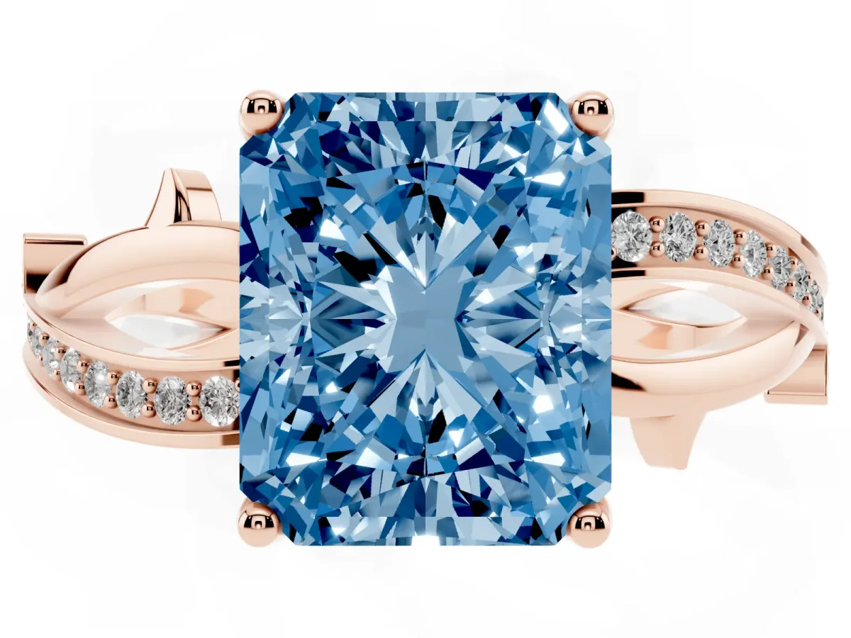 Fancy Blue Radiant Cut Solitaire Twist Band with Pavé Accents and Four-Prong Setting Rose gold