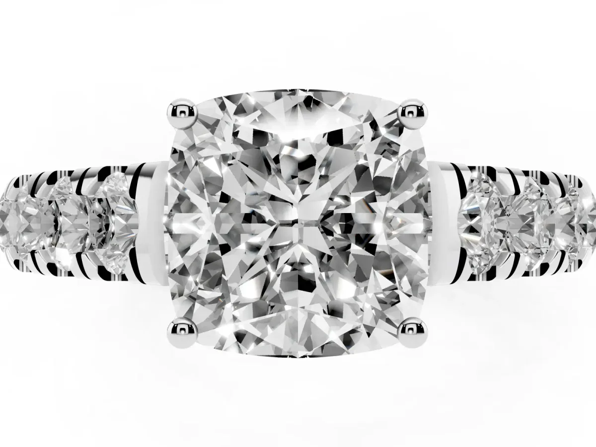 Cushion Cut Cut Diamond Solitaire Ring with Micro Pave Band and Prong Setting Platinum