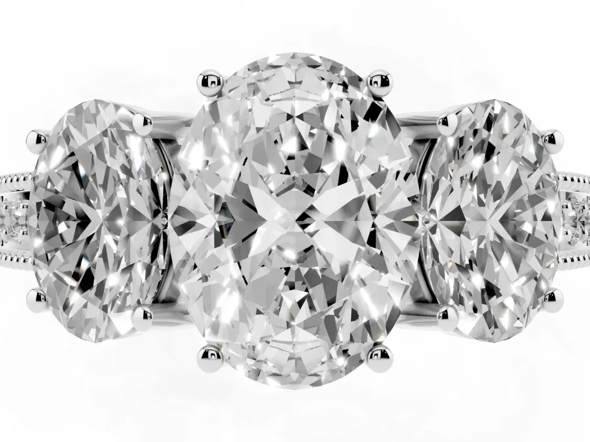 Three-Stone Oval Cut Cut Milgrain Pavé Engagement Ring White gold