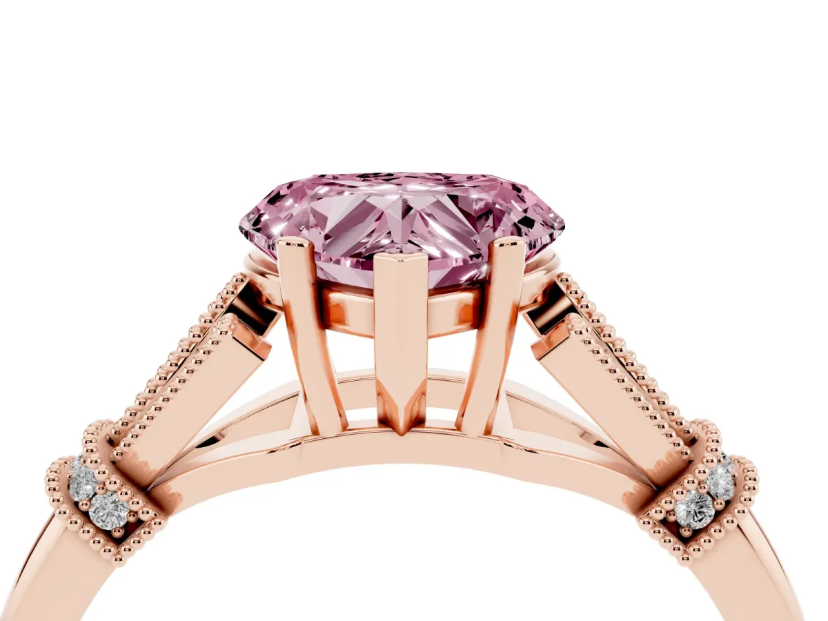 Fancy Pink Heart Cut Diamond Solitaire Ring with Floral Filigree and Pave Accents Rose gold