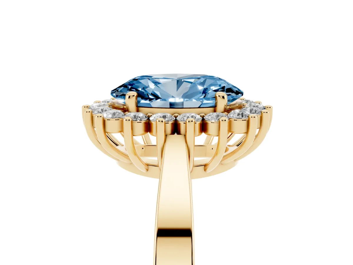 Fancy Blue Oval Cut Cut Diamond Halo Ring with Round Brilliant Halo and Solitaire Band Yellow gold