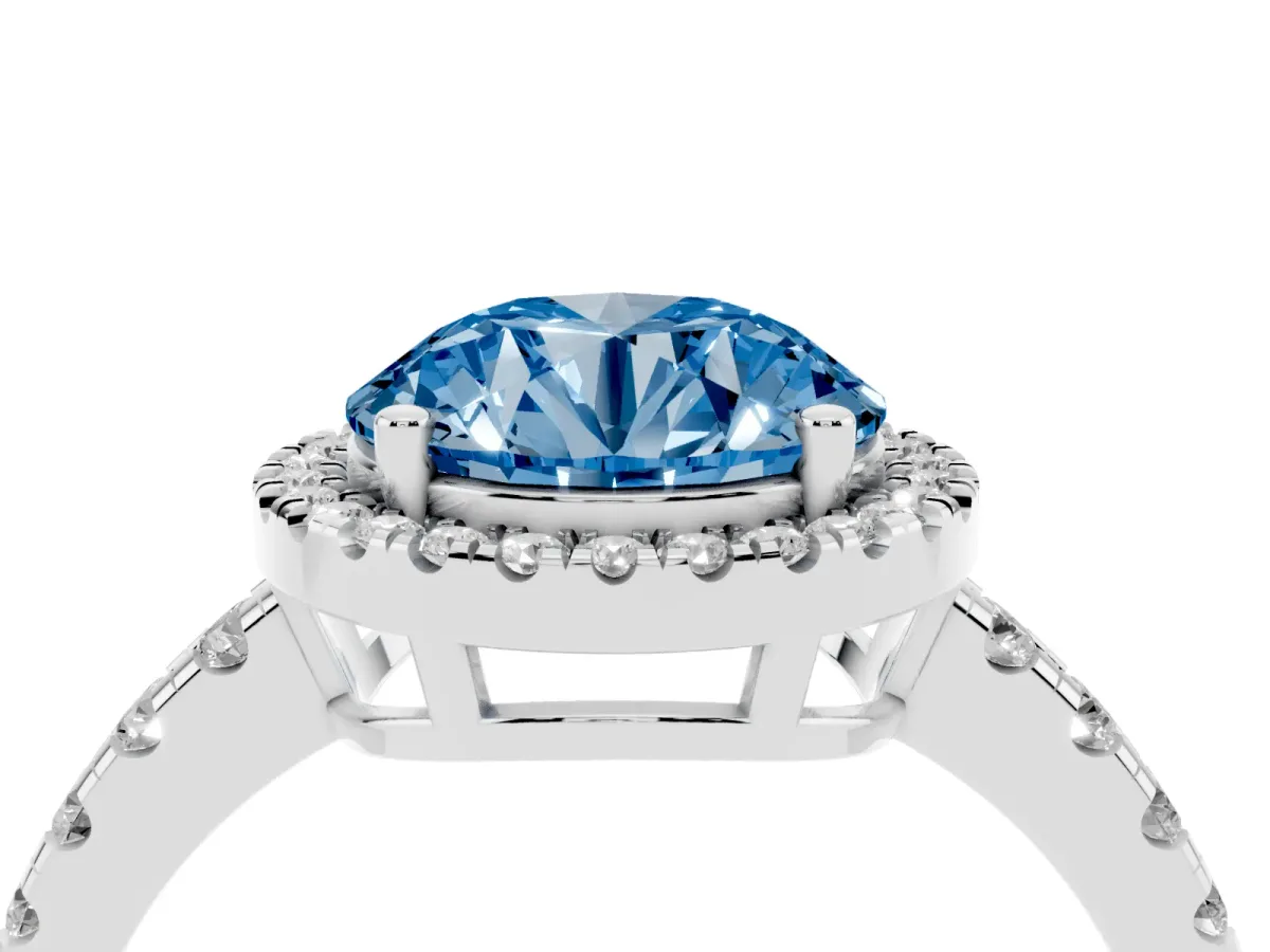 Fancy Blue Round Cut Diamond Halo Ring with Pavé Band and Four-Prong Setting Platinum