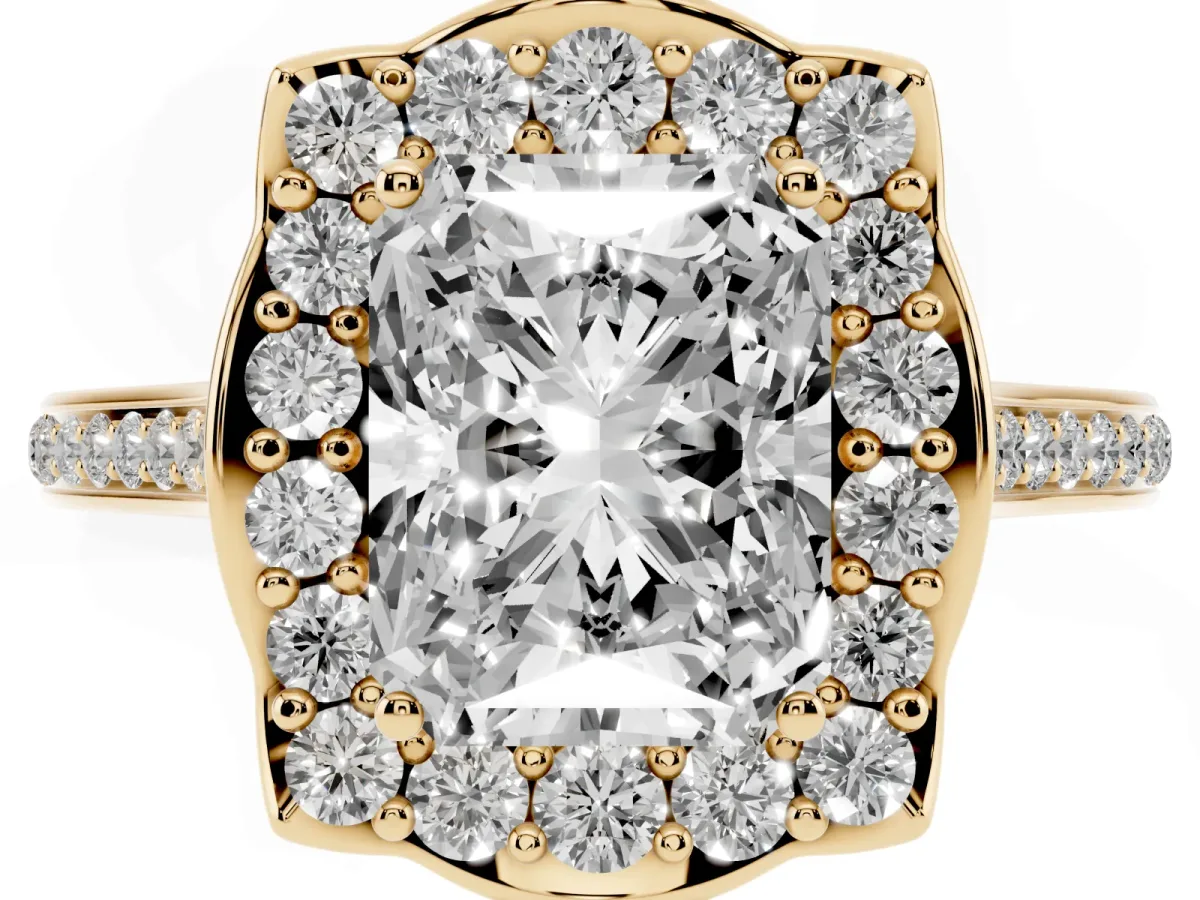 Radiant Cut Halo Round Diamond Pave Band with Four-Prong Setting Yellow gold