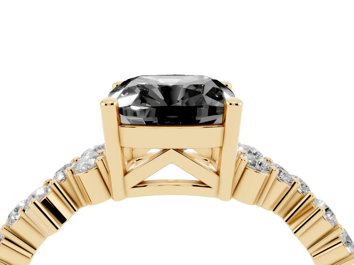 Fancy Black Cushion Cut Diamond Scattered Round Accent Ring with Prong Setting Yellow gold
