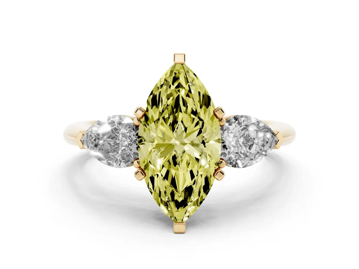 Fancy Yellow Three-Stone Marquise Cut Diamond Ring with Pear Side Stones and Four-Prong Setting Yellow gold