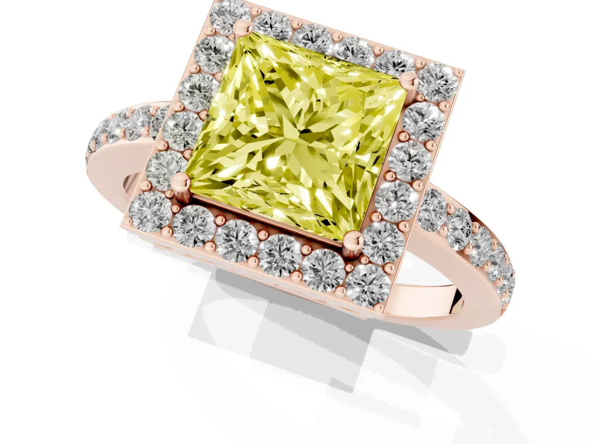 Fancy Yellow Princess Cut Halo Diamond Pavé Band Ring with Prong Setting Rose gold